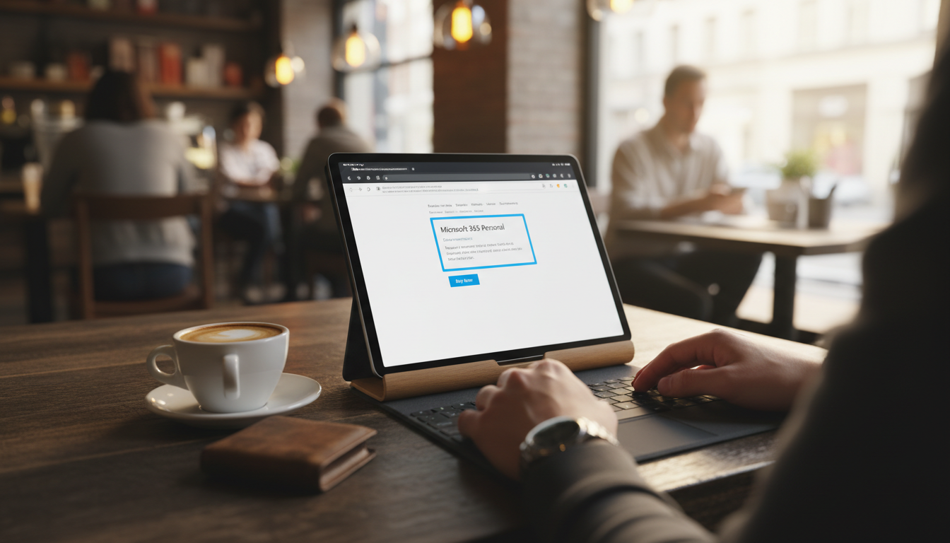 Buy Microsoft 365 Personal plan pricing page open on a tablet at a coffee shop