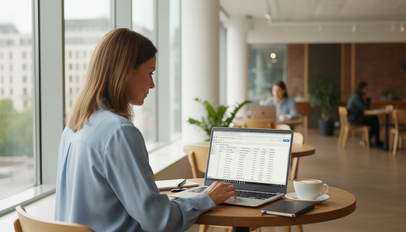 Finance manager using a Dynamics GP alternative — Microsoft Business Central — on a laptop in a co-working space