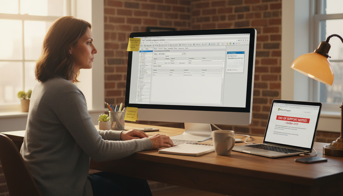 Small business owner reviewing Dynamics GP end of support information on a desktop monitor