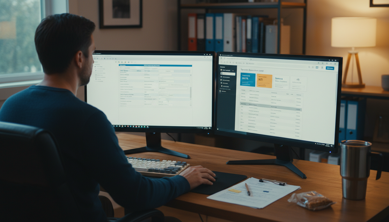 IT consultant comparing Dynamics GP vs Business Central on dual monitors at a workstation