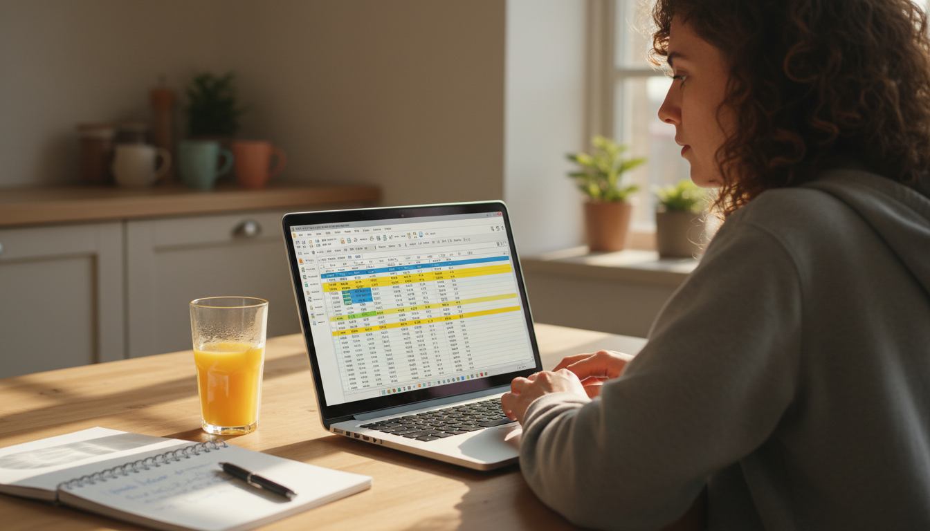 LibreOffice Calc spreadsheet open on a laptop at a kitchen table — free office suite alternative to Microsoft Office