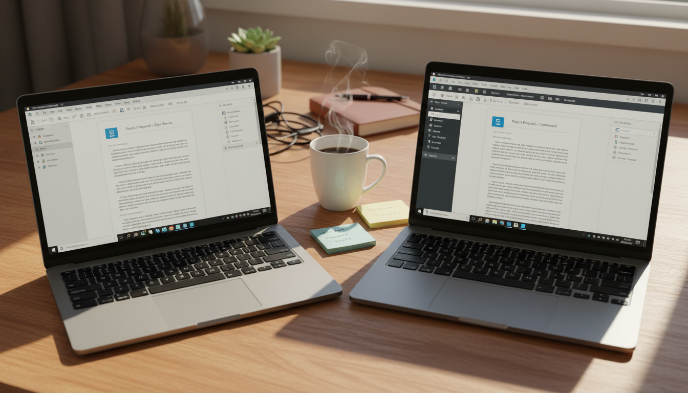 LibreOffice vs Microsoft Office side-by-side comparison on two laptops at a home-office desk