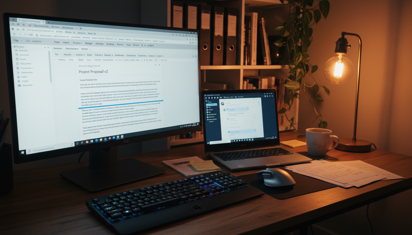Microsoft 365 features shown on a dual-screen home office setup with Word and Teams open side by side