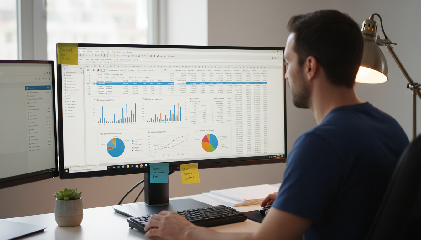 Microsoft 365 Personal features shown with Excel spreadsheet and Outlook on a home-office dual-monitor setup