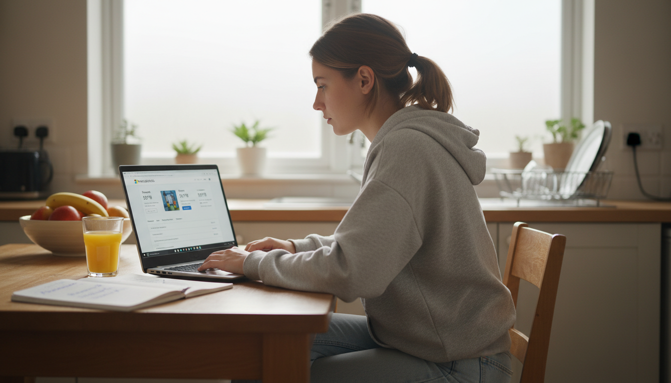Woman comparing Microsoft 365 personal vs business plans on a laptop at a kitchen table with plan pricing visible on screen