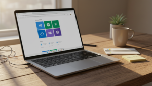 Microsoft 365 vs Office 365 comparison shown on a laptop screen displaying the Microsoft 365 dashboard in a home office setting