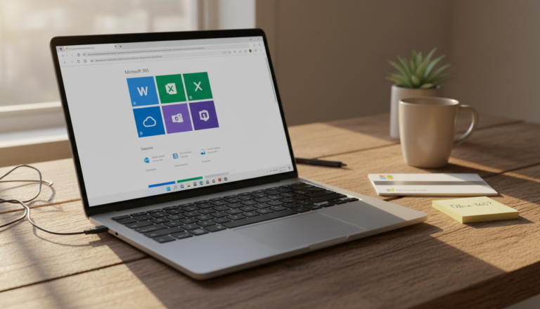 Microsoft 365 vs Office 365 comparison shown on a laptop screen displaying the Microsoft 365 dashboard in a home office setting