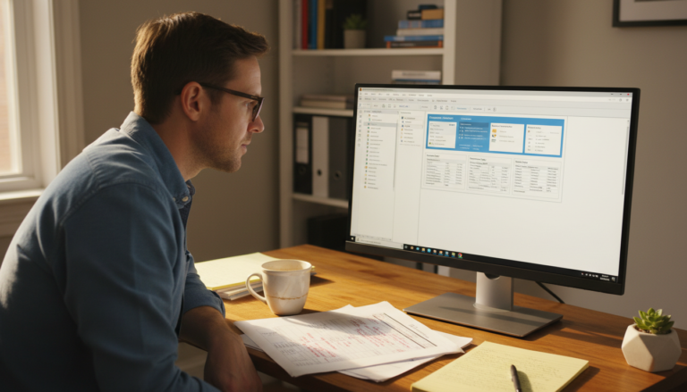 Accountant using Microsoft Dynamics GP ERP dashboard on a desktop monitor in a home office