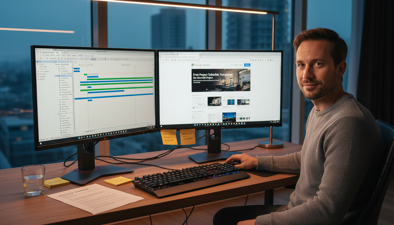 Microsoft project plan template free download shown on a dual-monitor workstation with MPP schedule template and resource sheet open