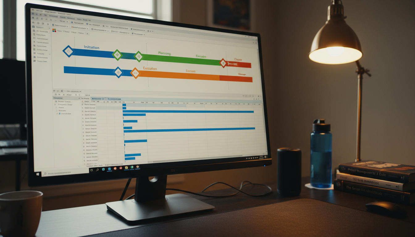 Microsoft project schedule template MPP file open in Timeline view on a large monitor showing project phases and milestone markers