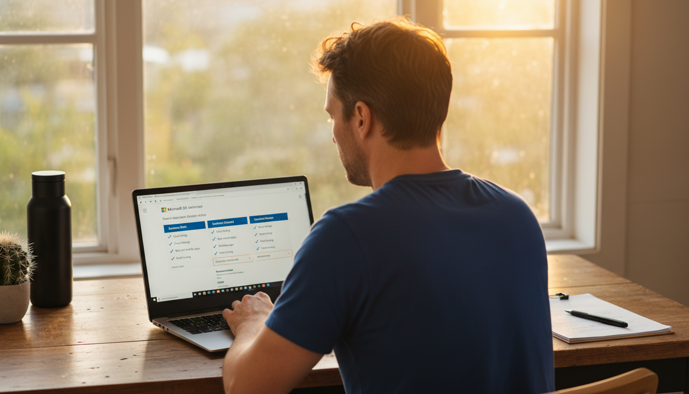 Man reviewing Office 365 plans comparison page on a laptop showing Microsoft 365 business subscription tiers in a home office
