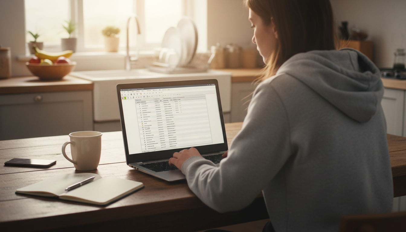 Project planning template Microsoft showing task sheet view with duration and resource columns on a laptop at a kitchen table