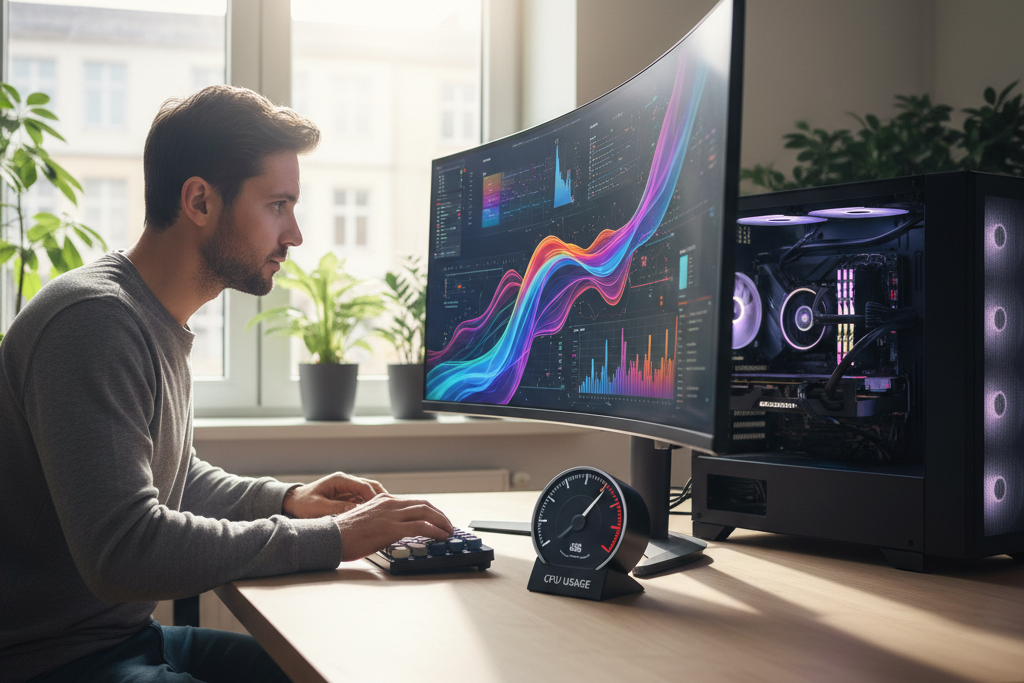 Person monitoring PC performance impact while running antivirus software at desk