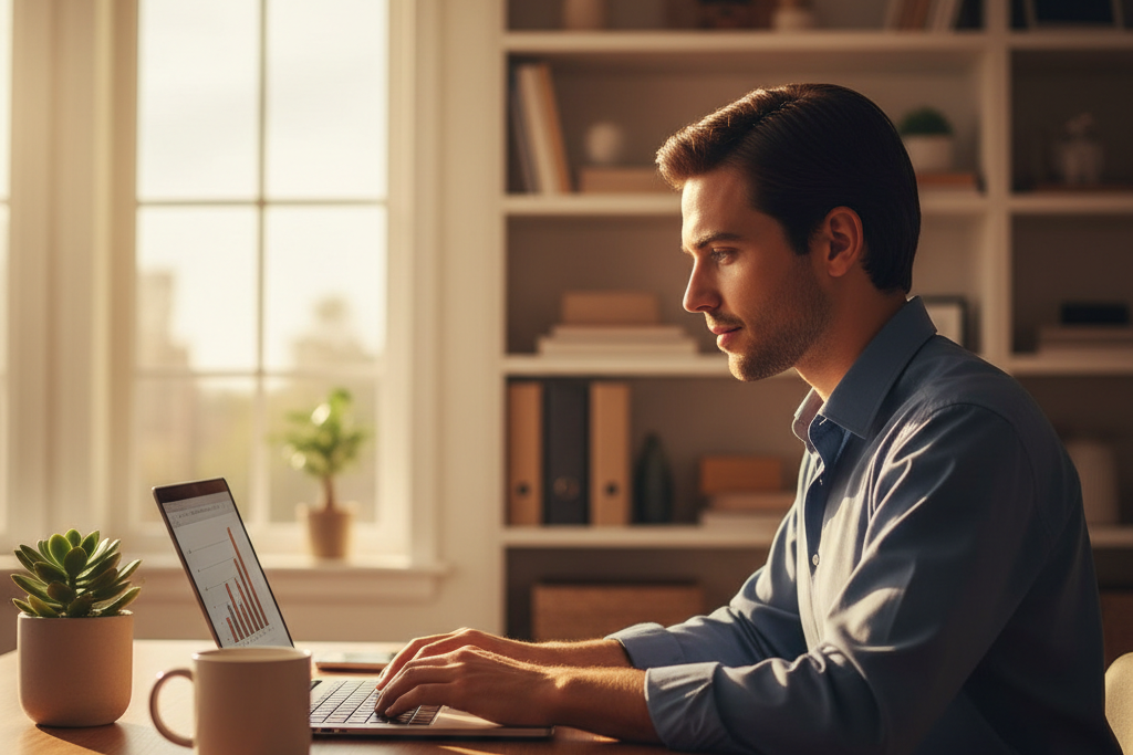Young professional at home desk exploring whether cheap software keys are legit