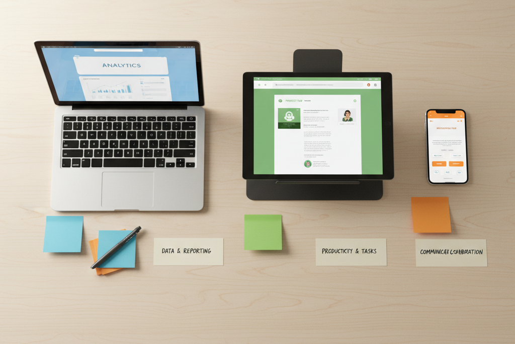 Multiple devices arranged on desk comparing best software keys by category