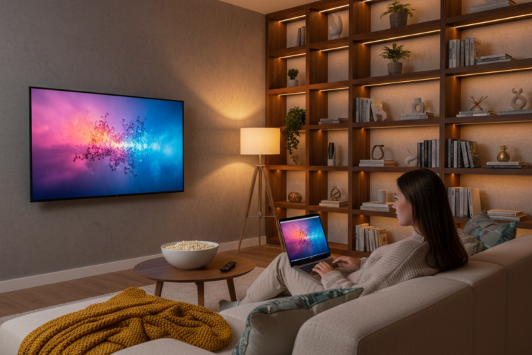 Woman enjoying best streaming service 2026 on laptop in cozy living room