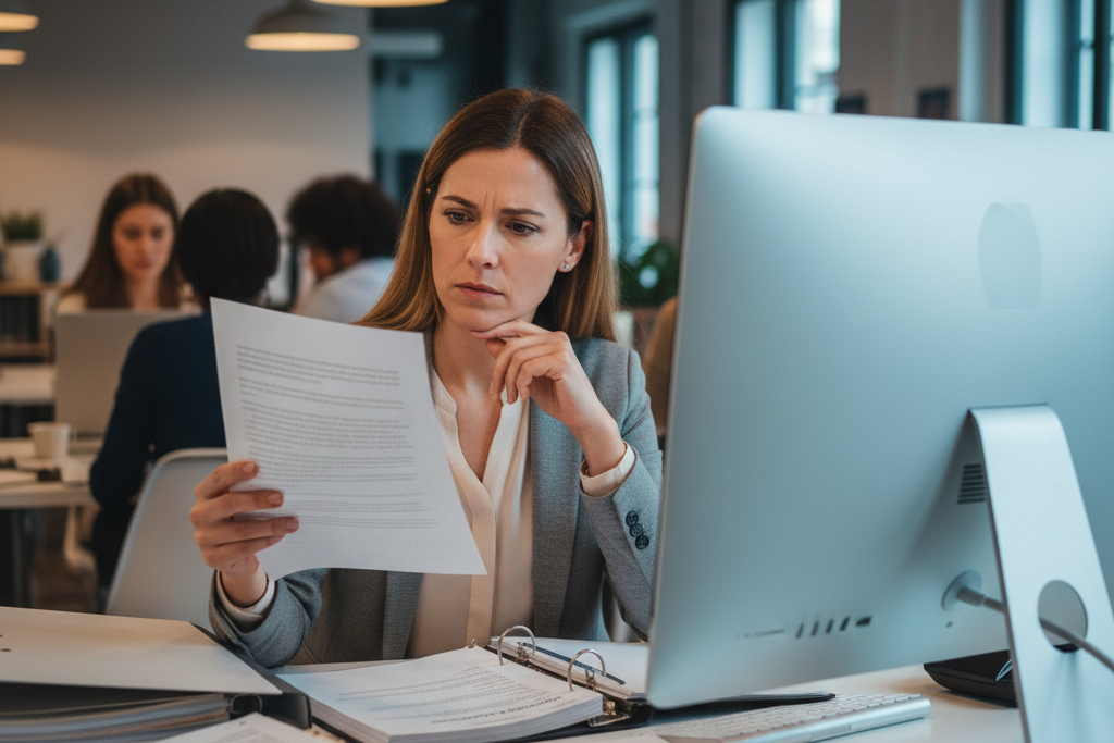 Woman reviewing software license documents to understand if cheap keys are legit