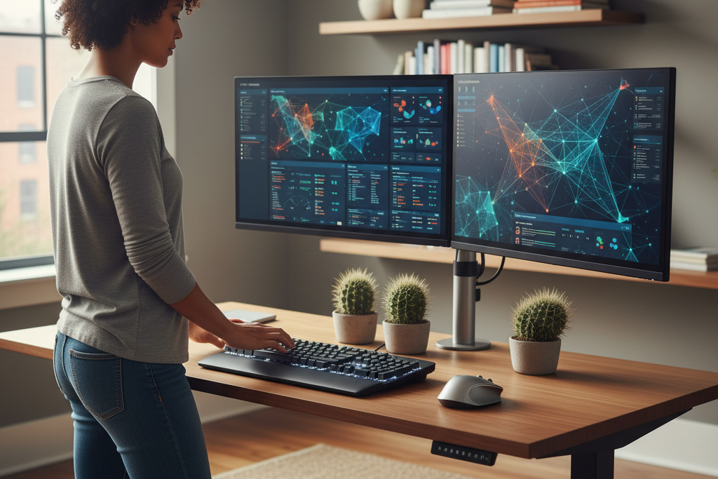 Freelancer comparing cheapest spotify premium options at a modern home office desk