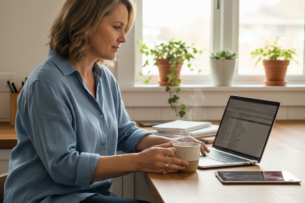 Woman choosing the right antivirus software on a laptop at home