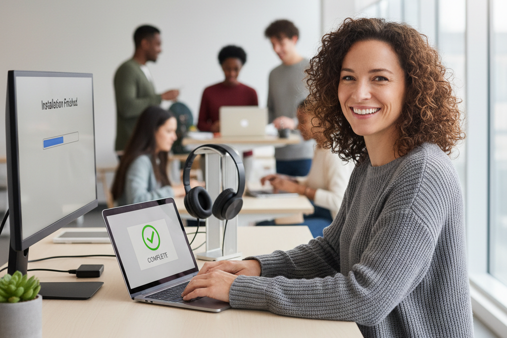 Freelancer completing genuine software key purchase at bright co-working desk