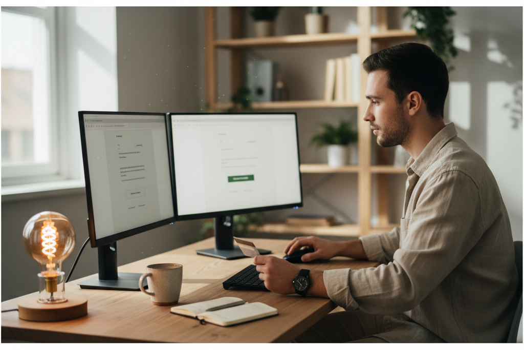 Freelancer comparing discount software key marketplaces before purchasing online