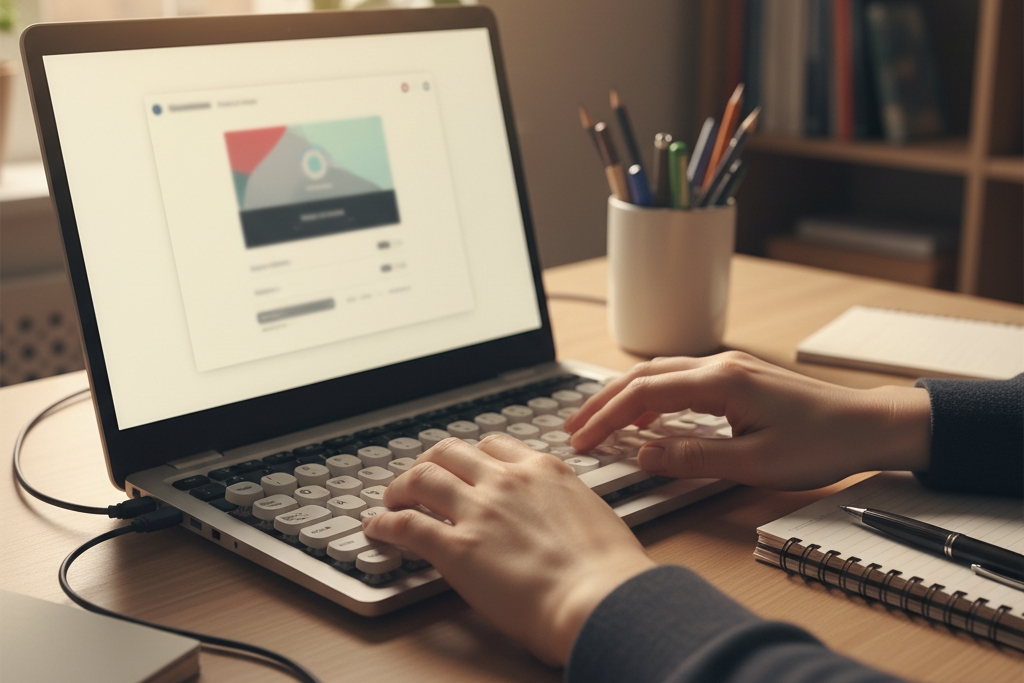 Person entering a discounted software license key on a keyboard at a home desk
