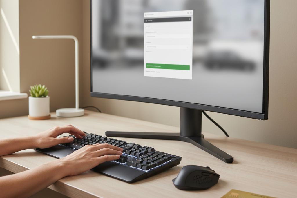 Person setting up discounted premium streaming account on desktop computer at home office