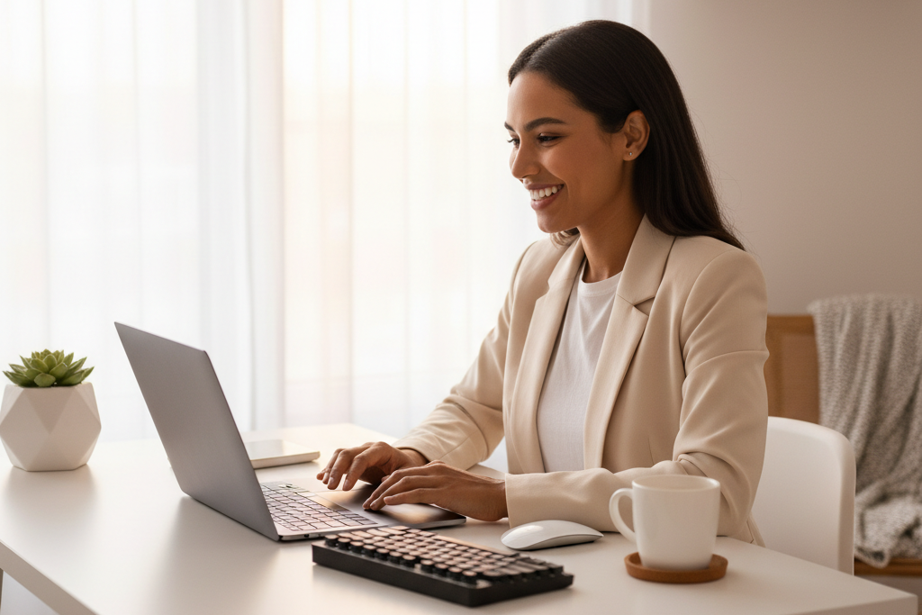 Young professional confidently using laptop, exploring discounted software keys legit options