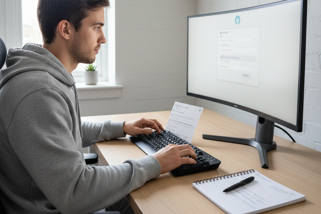 Person activating an ESET NOD32 license key on a desktop computer at home