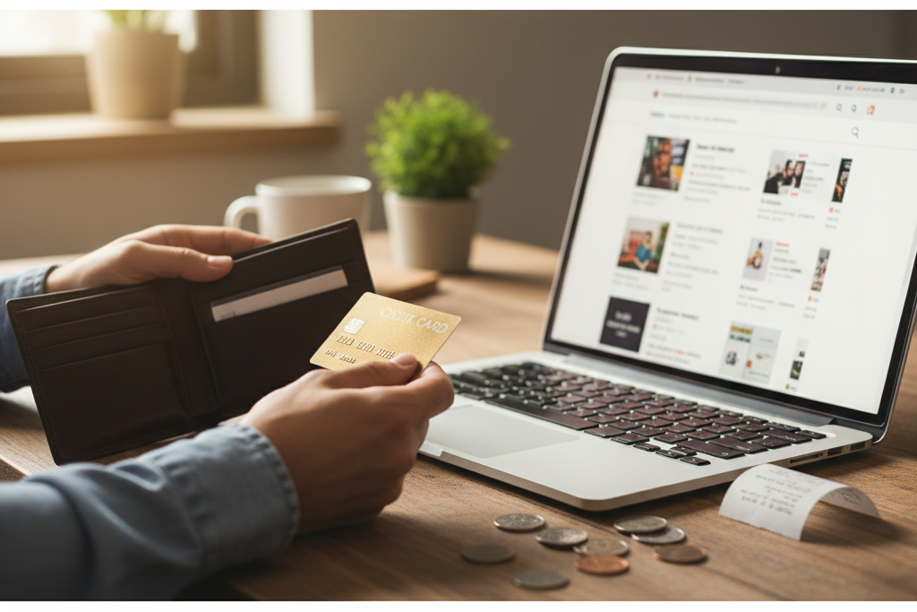 Hands comparing wallet and card next to laptop showing ESET NOD32 license cost savings