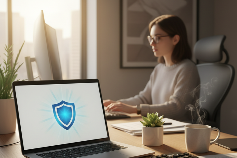 Professional using a laptop protected by an ESET NOD32 license at home office
