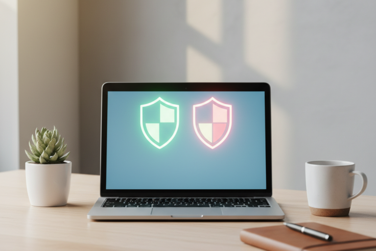ESET vs Kaspersky antivirus comparison on a modern home office laptop