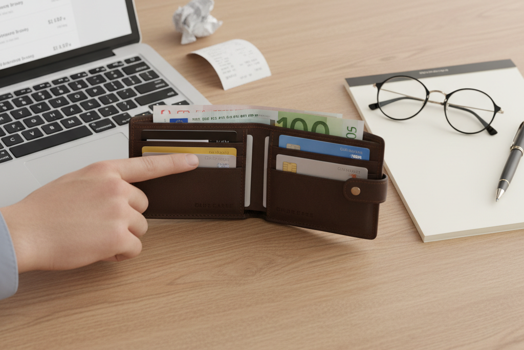 Wallet and laptop on desk representing ESET vs Kaspersky pricing comparison