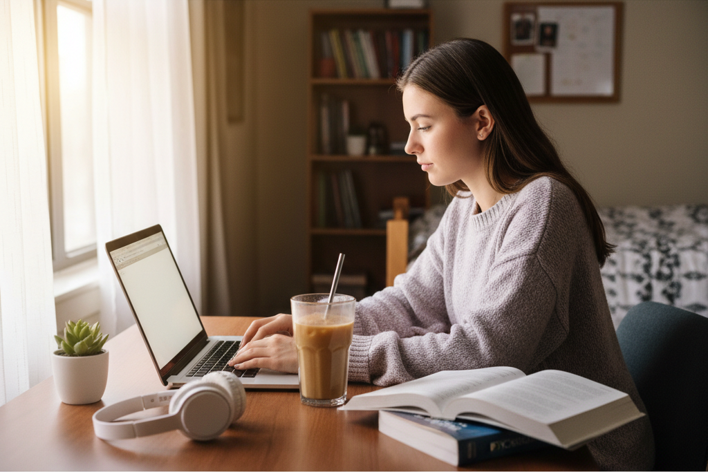 College student exploring free streaming service trials on a laptop at desk