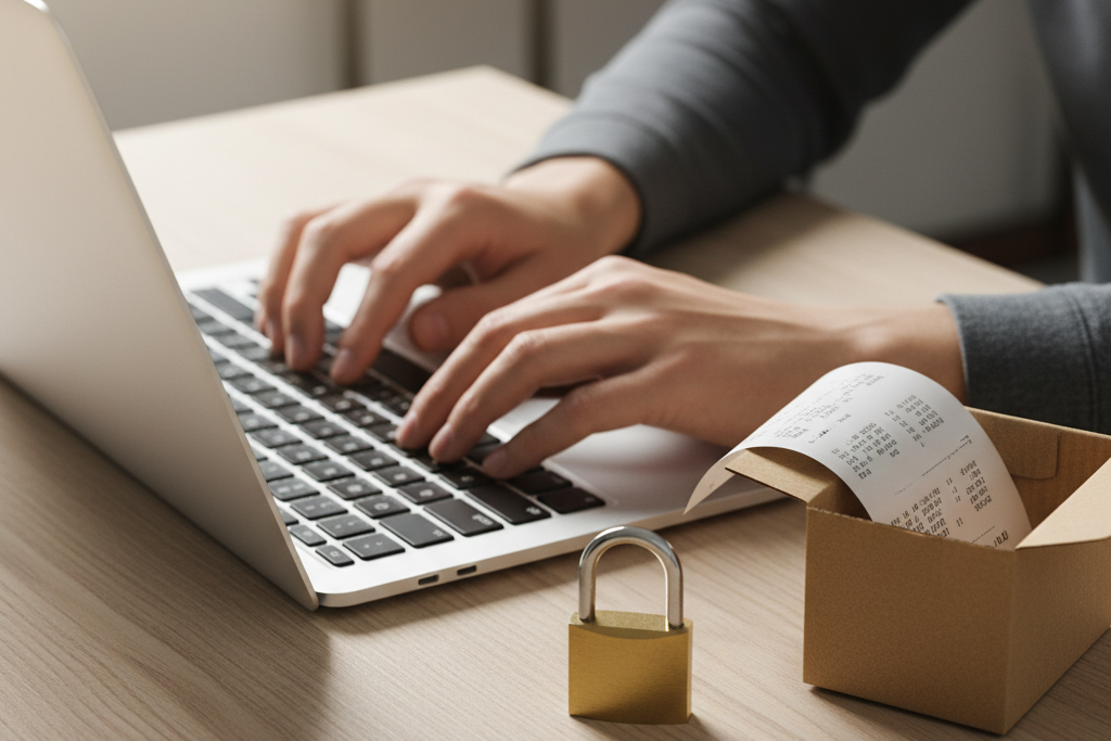 Hands typing on laptop next to packaged genuine antivirus software key