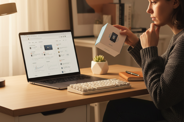 Person carefully reviewing laptop screen before deciding is it safe to buy OEM keys