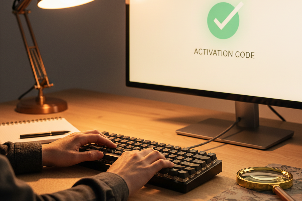 Hands typing genuine OEM key activation code on keyboard at desk