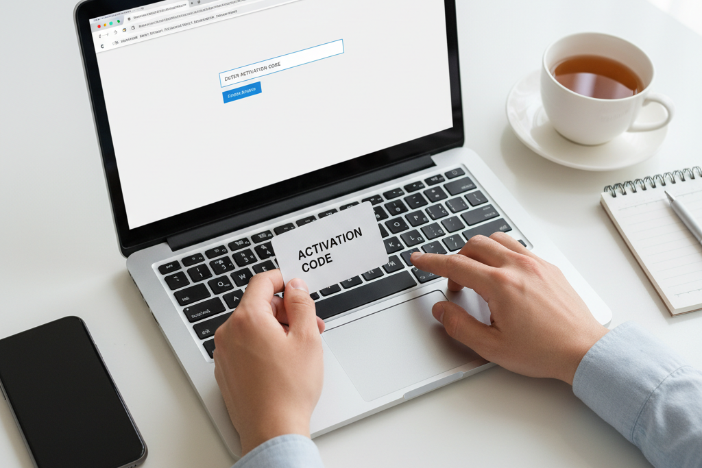 User activating a Kaspersky Premium key by entering code on laptop