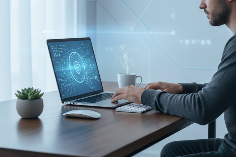 Professional using laptop secured with a Kaspersky Premium key at home office
