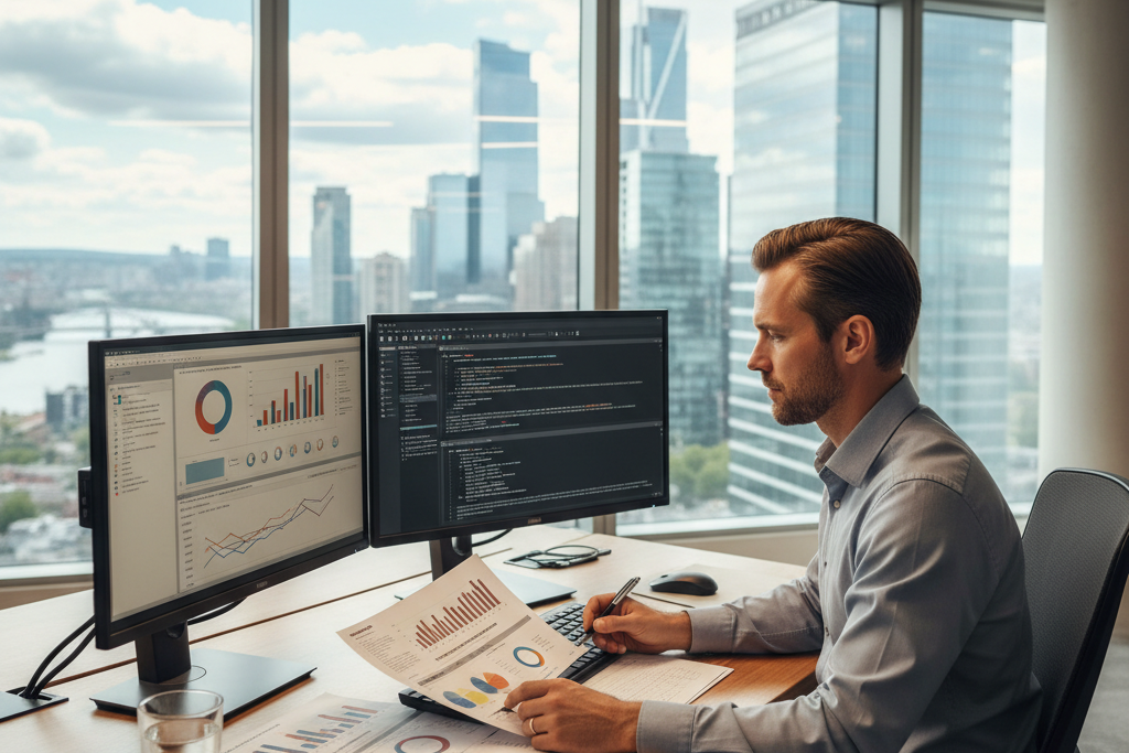 IT analyst reviewing antivirus performance results on desktop workstation