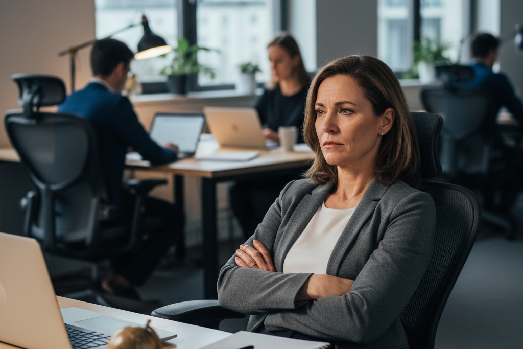 Business professional carefully considering antivirus trustworthiness in an office setting