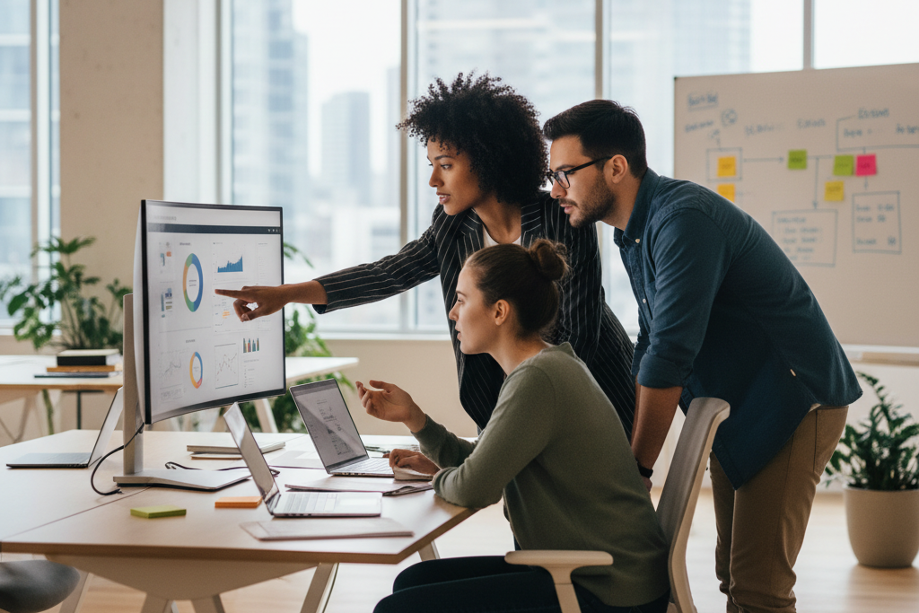 Small business team collaborating on laptops, ideal microsoft 365 subscription use case