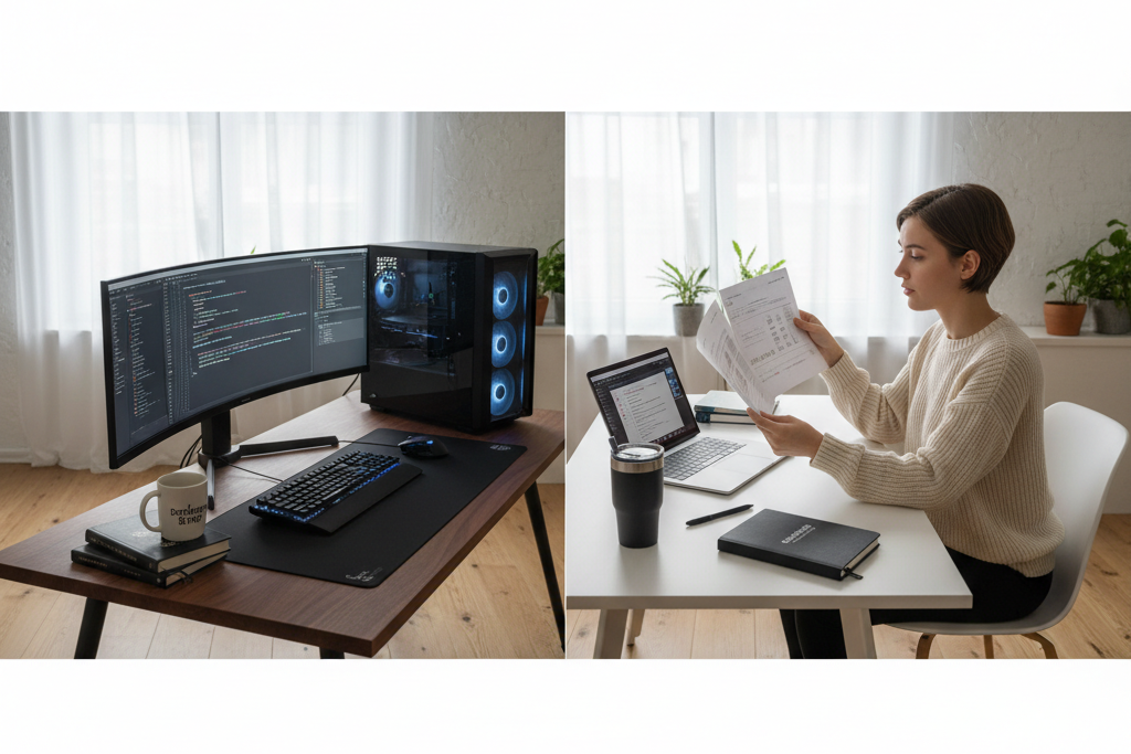 Professional comparing two office software plan options at dual desk setup