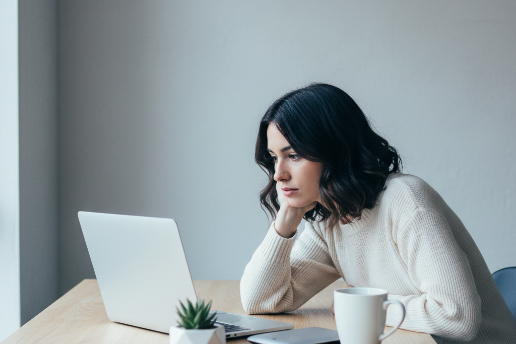 Woman using Mac laptop to research which Microsoft Office version to buy