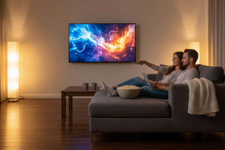 Couple enjoying a Netflix premium account on a smart TV at home