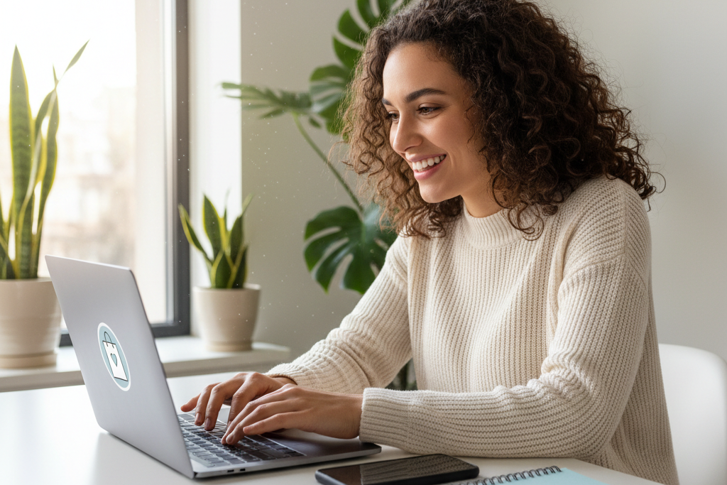 Happy woman getting best price on Netflix premium account through online shop