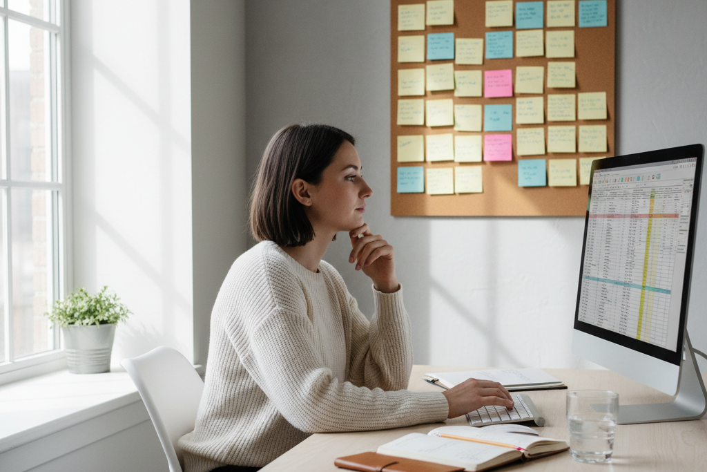 Freelancer at bright desk evaluating NordVPN pros and cons on desktop