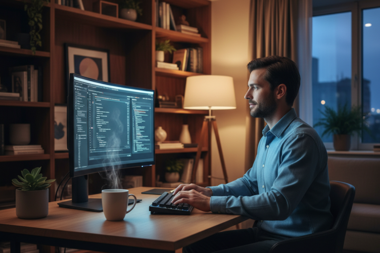 Professional using laptop at modern desk for NordVPN review research