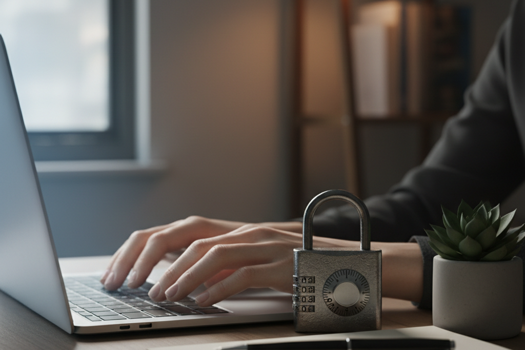 Hands typing on laptop with padlock symbolizing NordVPN security features