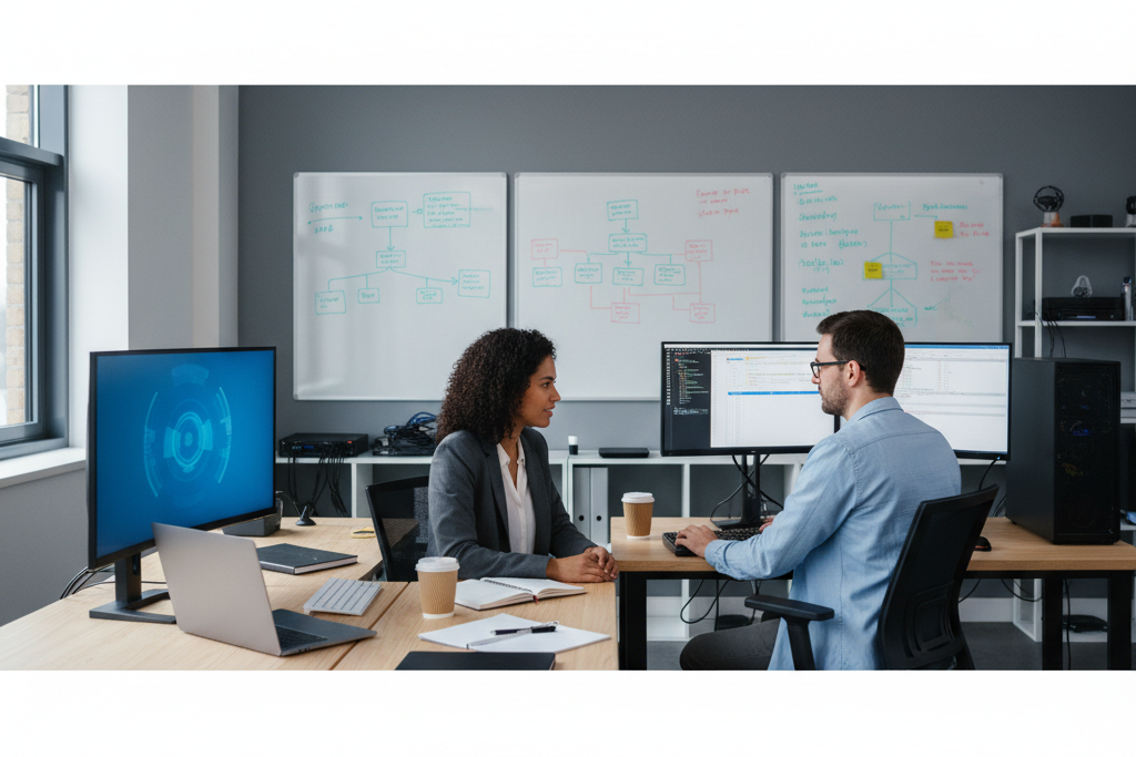 Two IT professionals comparing VPN alternatives at office workstations